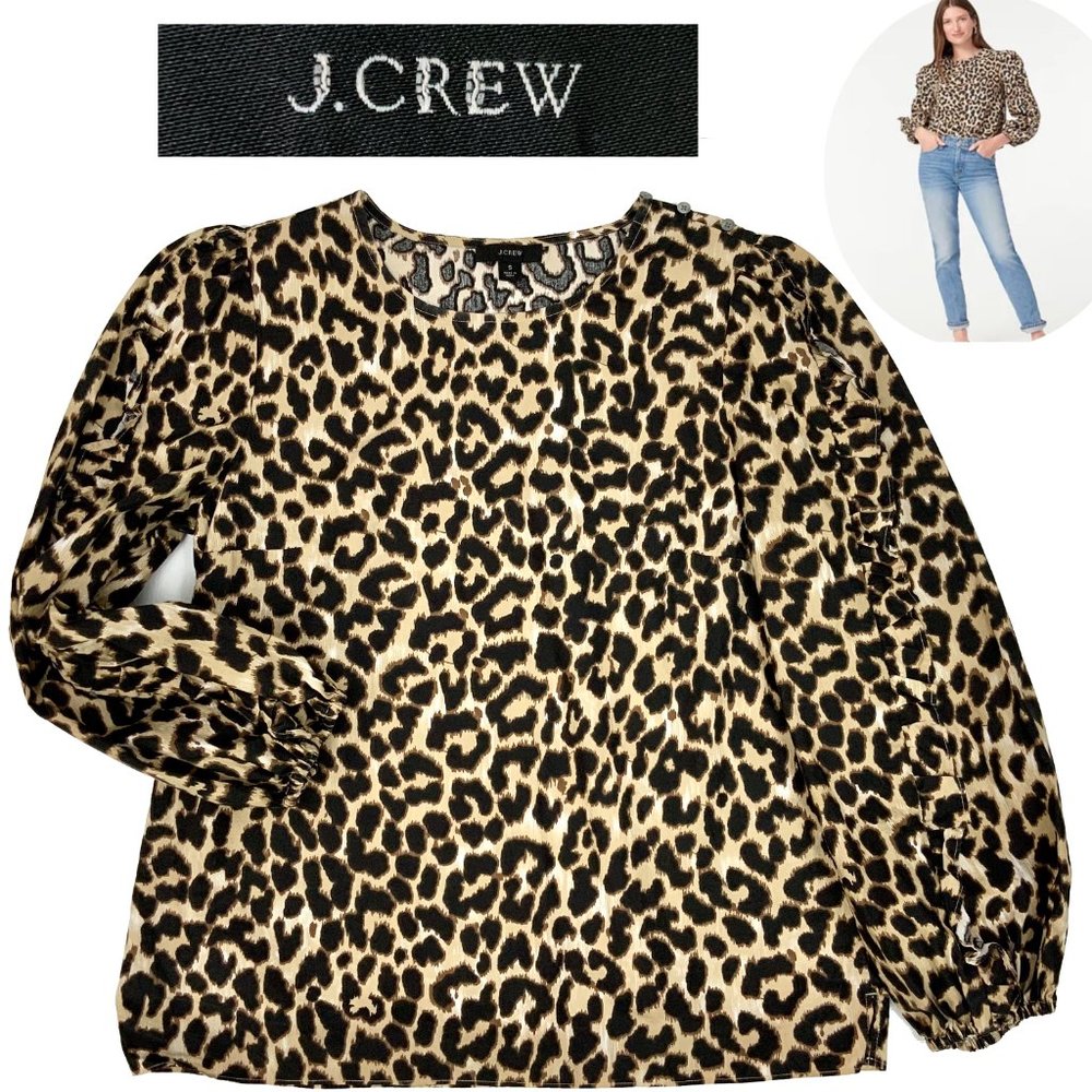 J. Crew Cotton Leopard Print Long Ruffle Trim Sleeves Blouse Sz S